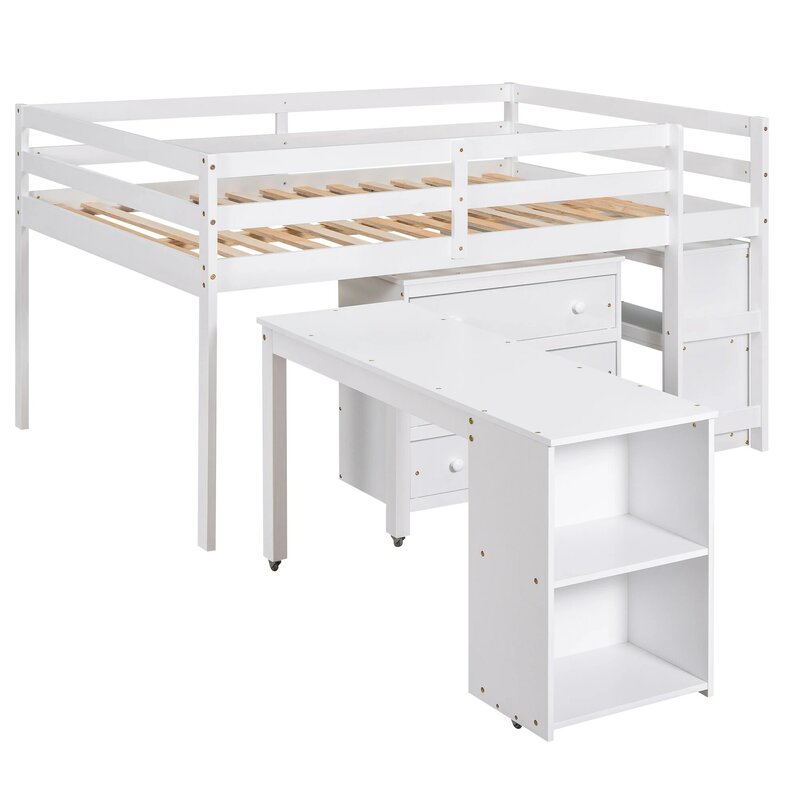 เตียงนอนแบบลอฟท์เต็มรูปแบบพร้อมตู้ชั้นวางของและโต๊ะทำงานแบบพกพาแบบหมุนได้เตียงอเนกประสงค์สีขาว