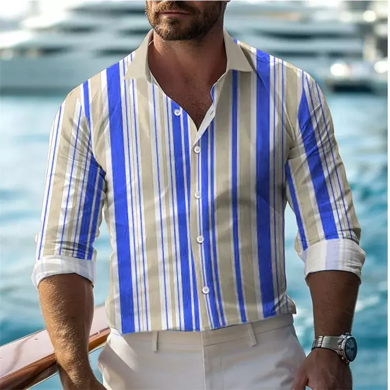 Camisa masculina de manga comprida estampada listrada 3D, férias de praia havaianas, tecido confortável casual wear, verão, 2024