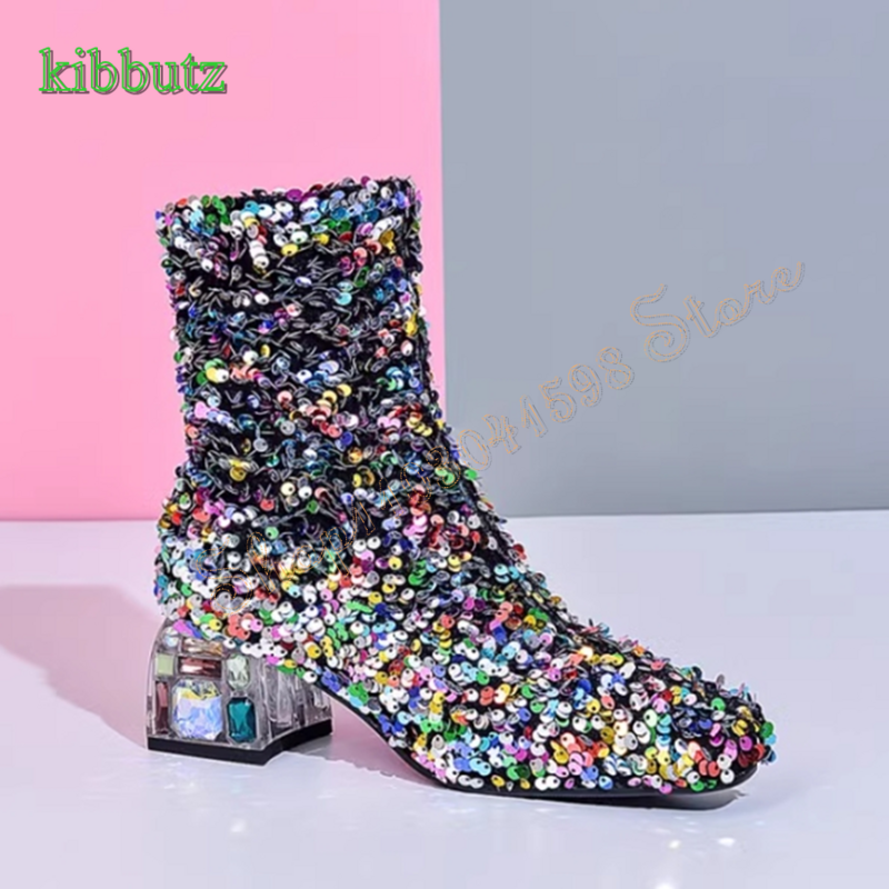 BlingBling Colorful Sequin Boots,Pointed Toe Crystal Chunky Heel Women Boots Wedding Party Heels 2023 New Zapatos Para Mujere