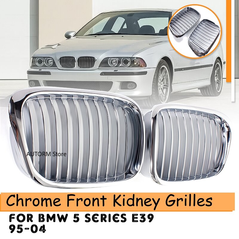 Pair All Chrome Front Bumper Kidney Grill For BMW 5-Series E39 525 528 Sedan 1995 1996 1997 1998-2003 Front Hood Grille Grill
