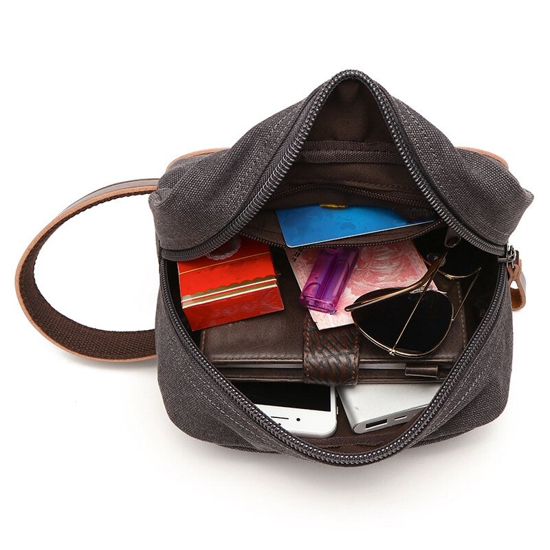 حقيبة أدوات تجميل للسفر من الجلد الأسود ، حقيبة تجميل ، حقيبة Dopp للحلاقة من قماش الكانفاس ، حقيبة مستحضرات تجميل ، حقيبة منظم