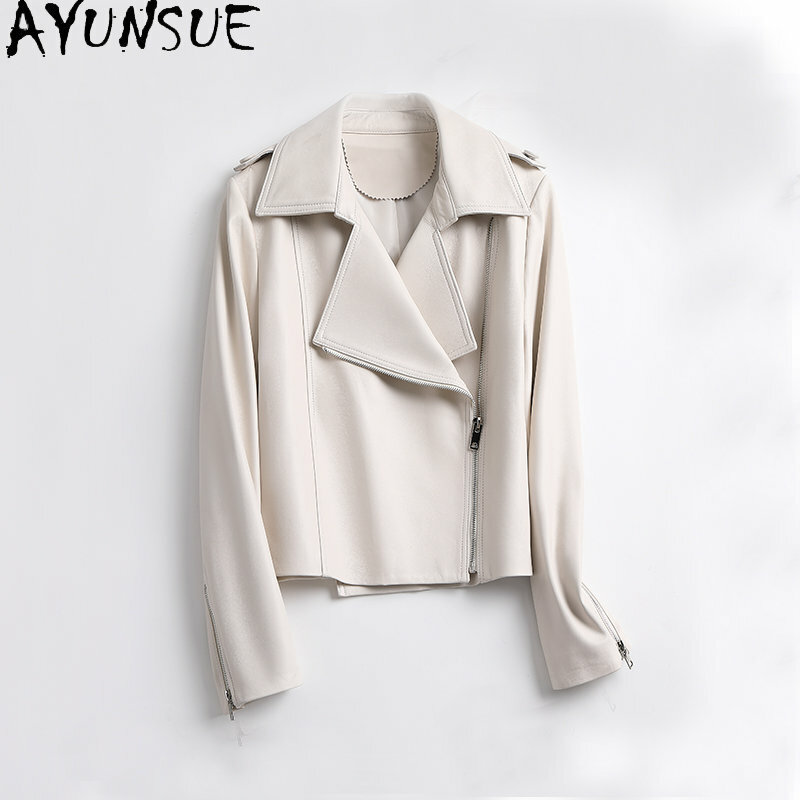 AYUNSUE-Chaqueta de piel de oveja auténtica para mujer, abrigo ajustado, prendas de vestir blancas, primavera y otoño, 2023