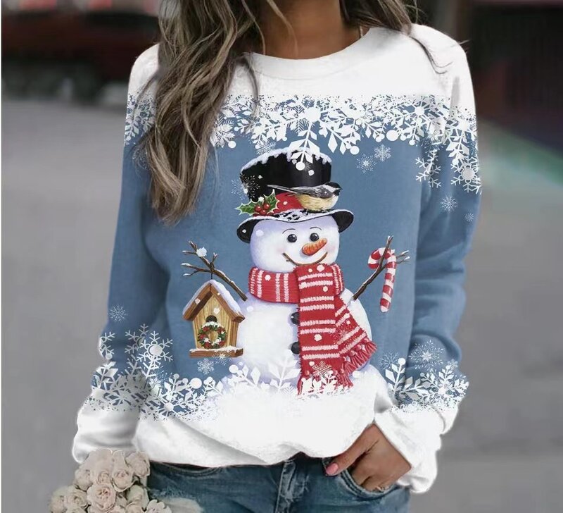 2022 Women Shirts Long Sleeves Sports T Shirt New Year tshirt Streetwear Christmas Snowman Print V-Neck Costumes Fashion Tops