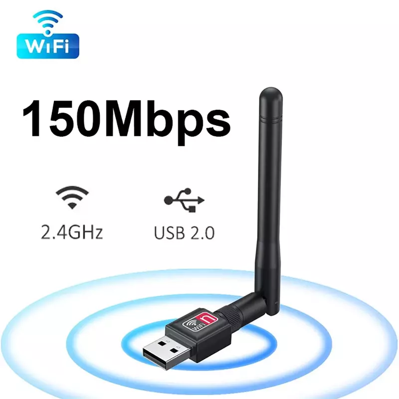 ミニUSBwifiアダプター,150Mbps, 2.4g,ワイヤレスネットワークカード,LANドングル,802.11 b, g, n, 5db,アンテナ,PC,ラップトップ用のwi-fiレシーバー