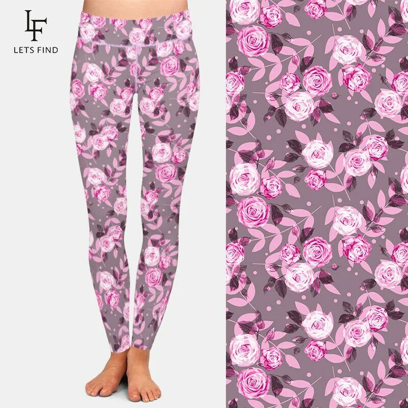 Letsfind moda bela rosa impressão digital workout leggings de cintura alta feminino macio elástico magro leggings