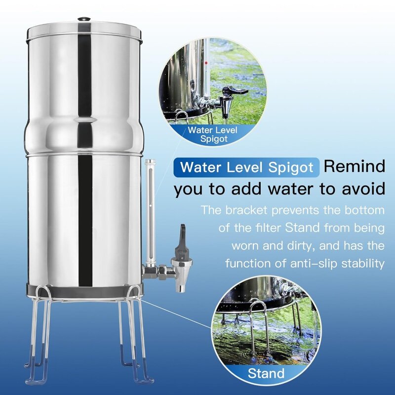 Système de filtre à eau alimenté par gravité, dessus de seau en acier inoxydable 372G avec 2 éléments noirs, norme NSF/ANSI 42 et 2.25