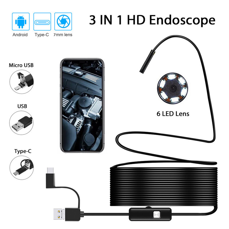 Endoscópio industrial câmera 7mm ip67 impermeável inspeção borescope 6led ajustável para telefones android esgoto carro pc usb tipo-c