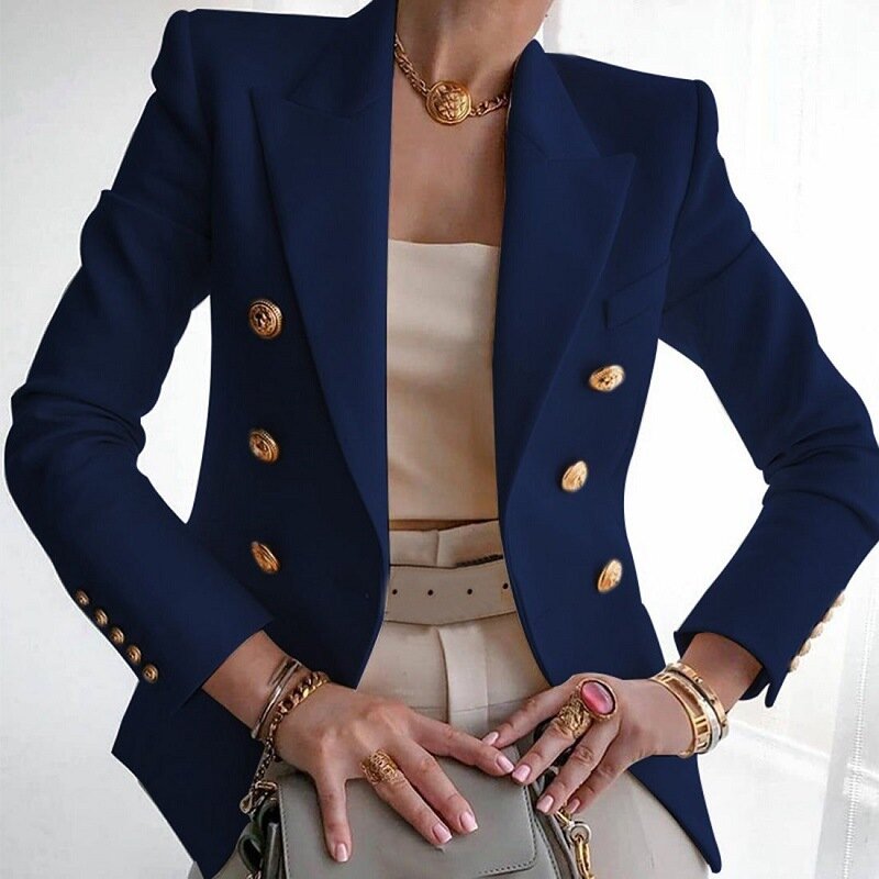 Jaket Blazer Double-Breasted untuk wanita, jaket bisnis lengan panjang kasual modis musim gugur musim dingin, Blazer ramping elegan dengan model Vintage untuk wanita
