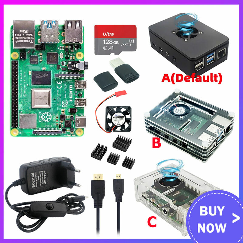 Raspberry pi 4 modelo b 4b modelo, ram 1gb, 2gb, 4gb, 8 gb, caso, 32 64 128 gb cartão tf, adaptador de energia, ventilador, dissipador de calor, cabo video