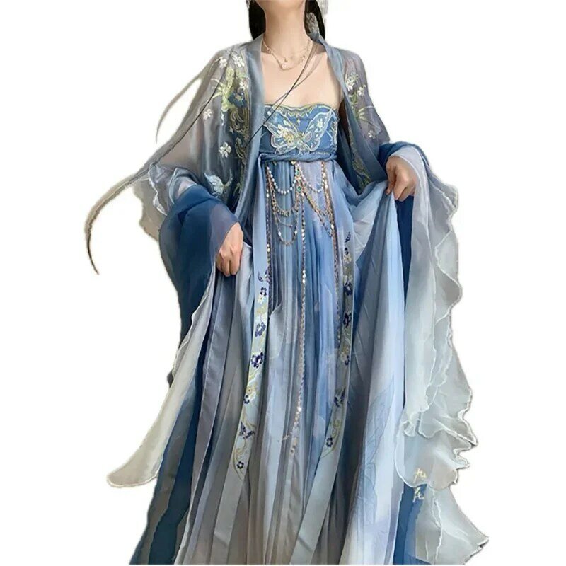 Chinese Hanfu Dress Women Halloween Carnival Cosplay Costume Tang Dynasty Embroidery Gradient Blue Hanfu Costume Plus Size XL
