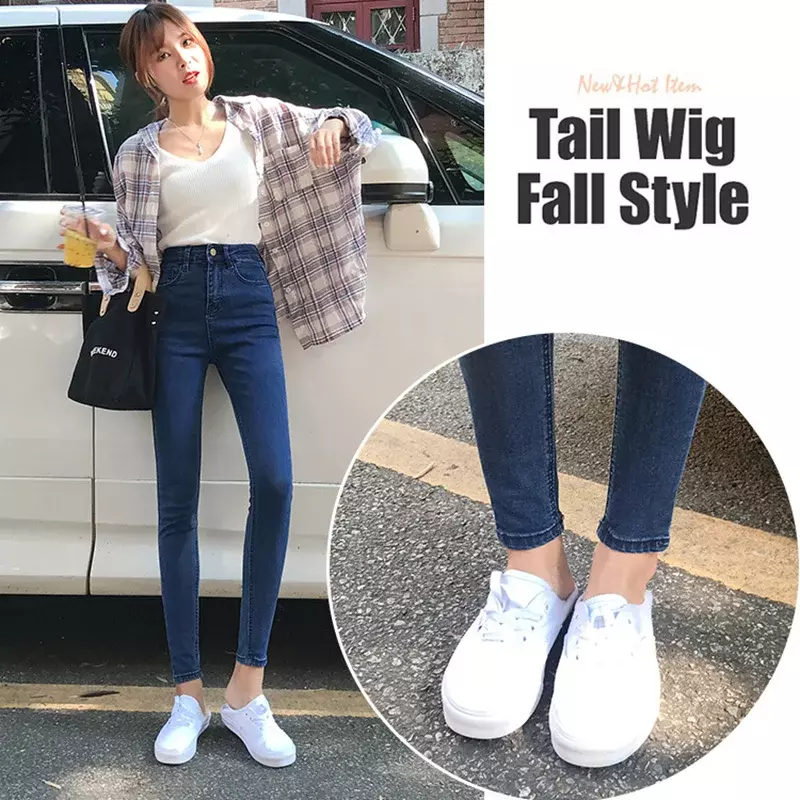 Calça jeans lápis de cintura alta feminina, streetwear coreana, calça skinny, legging stretch, tamanho grande 25-34, nova