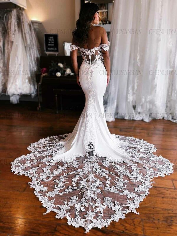 Gaun pernikahan duyung manis gaun pengantin dengan elegan panjang bahu terbuka Applique gaun pengantin putri duyung untuk wanita 2023 robe de mariee