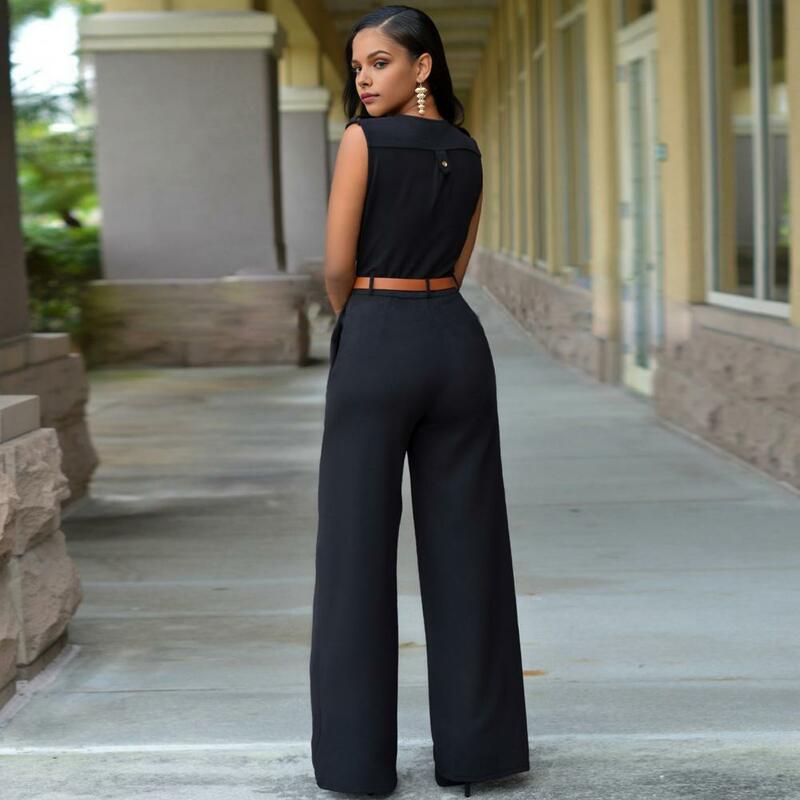 Women V-neck Jumpsuit Elegant V-neck Sleeveless Jumpsuit with Belted Waist Wide Leg Office Party Romper Women's Casual