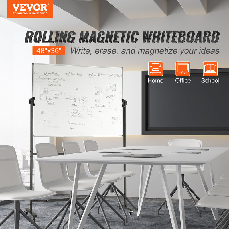 Vevor-両面ローリング磁気ホワイトボード、モバイルホワイトボード、360 ° リバーシブル、高さ調節可能、学校用ドライイレースボード