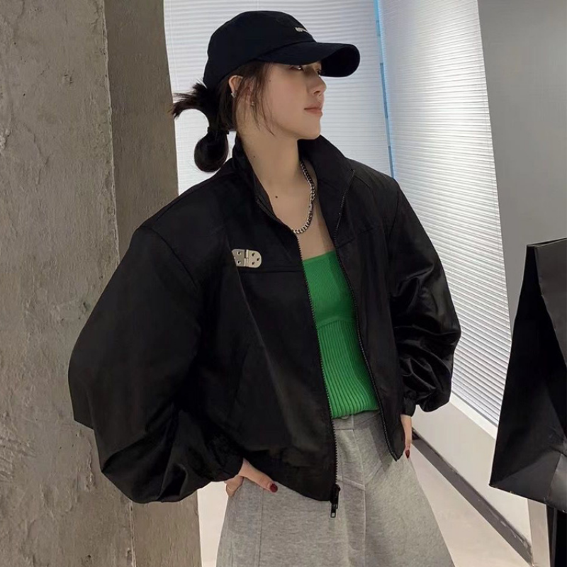 HOUZHOU Vintage Cropped Bomber Jacket Women Korean Fashion Oversize Streetwear Short Black Jackets Zipper Track Coats Aesthetic