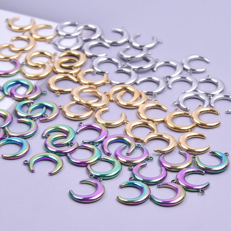 10pcs/Lot Stainless Steel Moon Crescent Planet Pendant Gold Silver Rainbow Color Charms For Earrings Making Jewelry Supplies