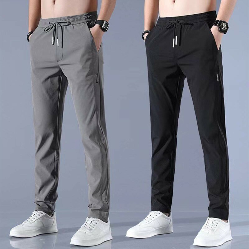 Men's Ice Silk Trousers Solid Color Mid-Waist Loose Breathable Straight-Leg Casual Pants Thin Quick-Drying Sports With Pockets
