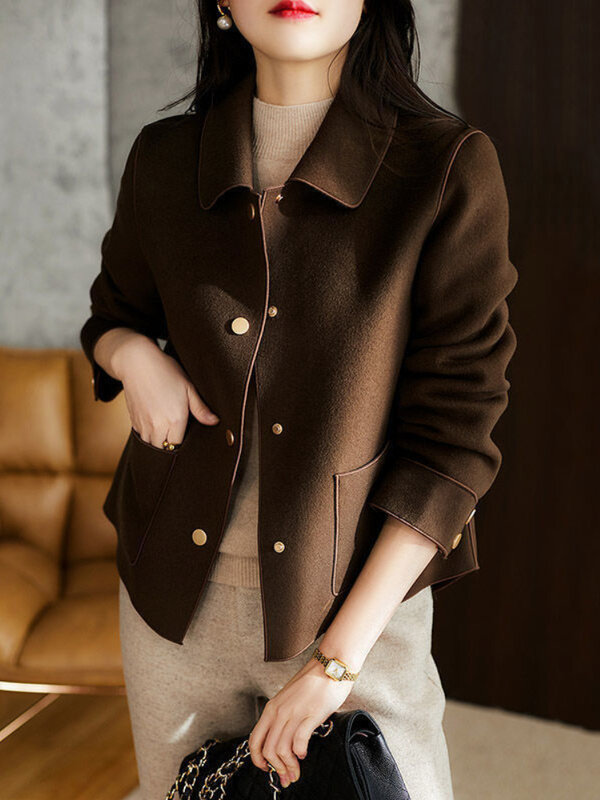 Mantel wol wanita elegan Fashion, mantel pendek wanita longgar musim gugur, mantel wol warna polos sederhana versi Korea, baru, 2024