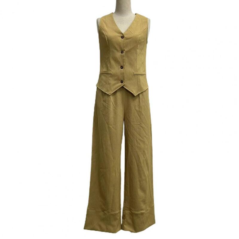 Women Vest Set Suit Cotton Linen Long Pants Sleeveless V-neck Autumn Summer Wide Leg Casual Fashion Set Outfit