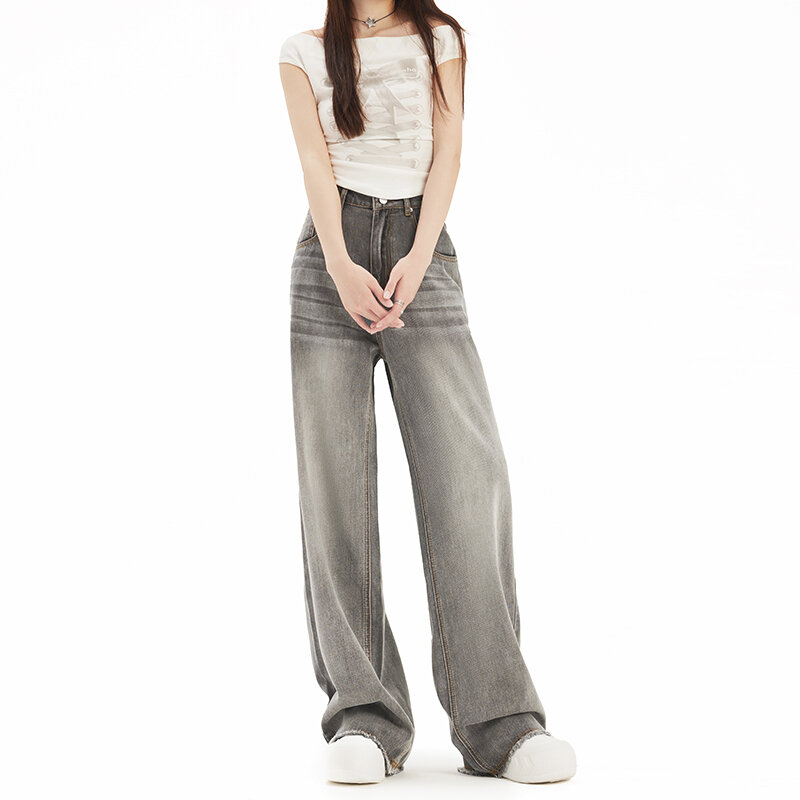 Amerykański styl Streetwear sprane dżinsy kobiet letnie Vintage wysoki stan luźne spodnie z szerokimi nogawkami Y2K proste spodnie jeansowe