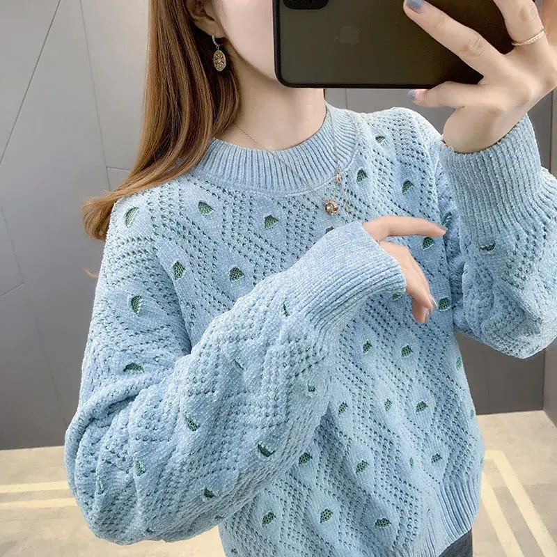 Sweater wanita mode baru Sweater rajutan berongga bordir leher bulat longgar Pullover gaya Jepang atasan komuter semua cocok