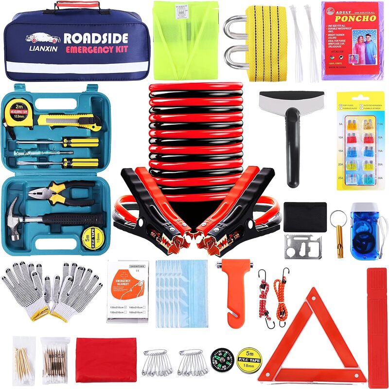LIANXIN Kit di emergenza per assistenza stradale-Kit di emergenza per auto con cavi Jumper Kit di emergenza stradale per auto 142 pezzi
