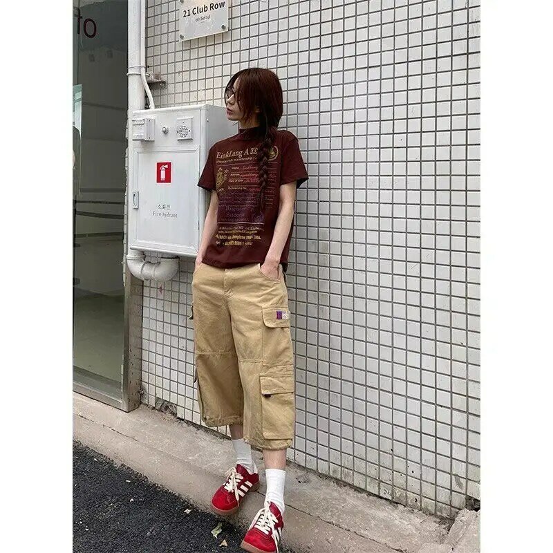 QWEEK-pantalones cortos Vintage de gran tamaño, Pantalón Cargo japonés de pierna ancha Harajuku, estilo coreano Y2k, ropa de calle holgada, Neutral, 2000s