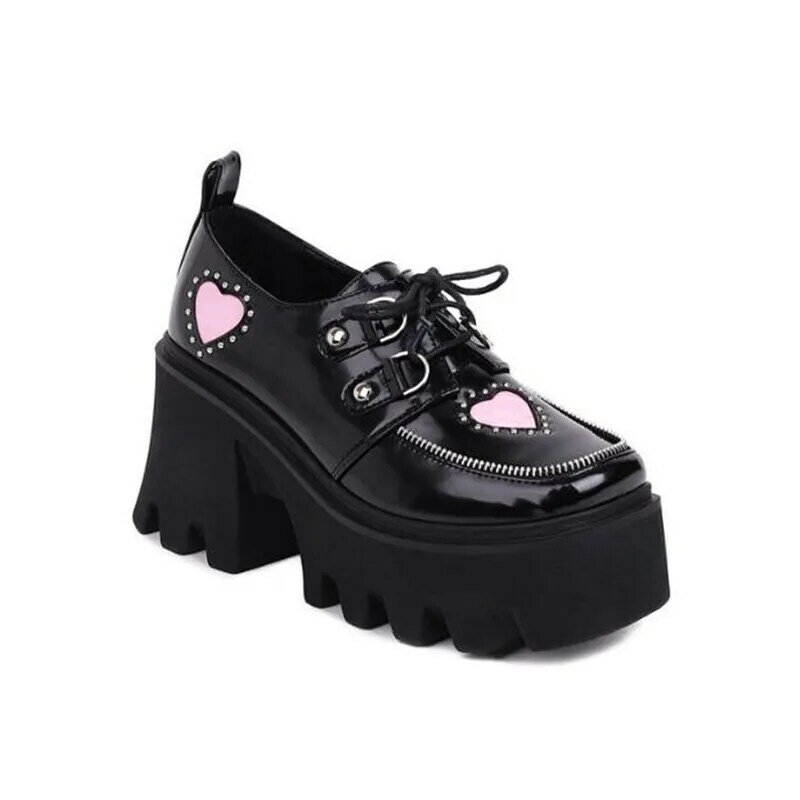 Lolita Princess Sapatos Plataforma para Mulheres, Couro Patente, Lace Up, Boca Profunda, Block Shoes, Chunky, Designer de Marca, 35-43