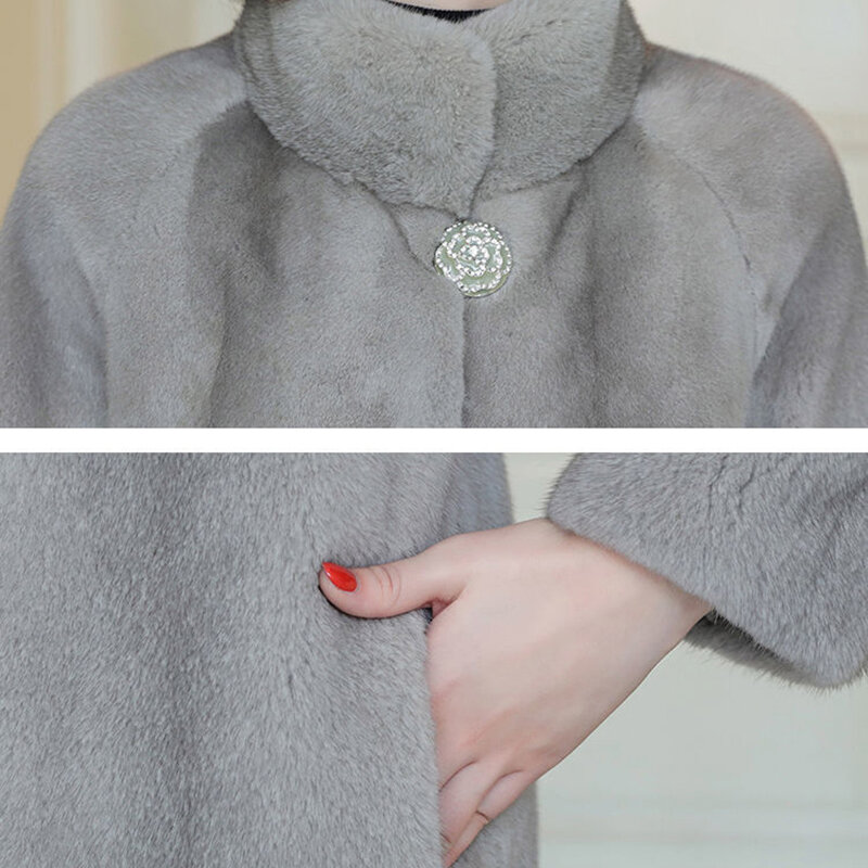 Imitasi jaket bulu musim dingin wanita Vintage Plus ukuran panjang Faur kerah mantel tahan angin tebal berdiri kerah mantel longgar M-5XL