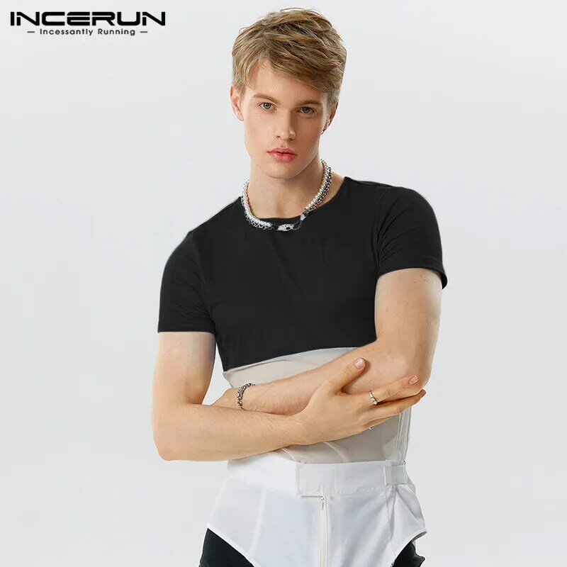 Fashion Casual Style Men Homewear Jumpsuits INCERUN Sexy Solid Patchwork See-through Mesh Triangle Short Sleeved Bodysuits S-5XL