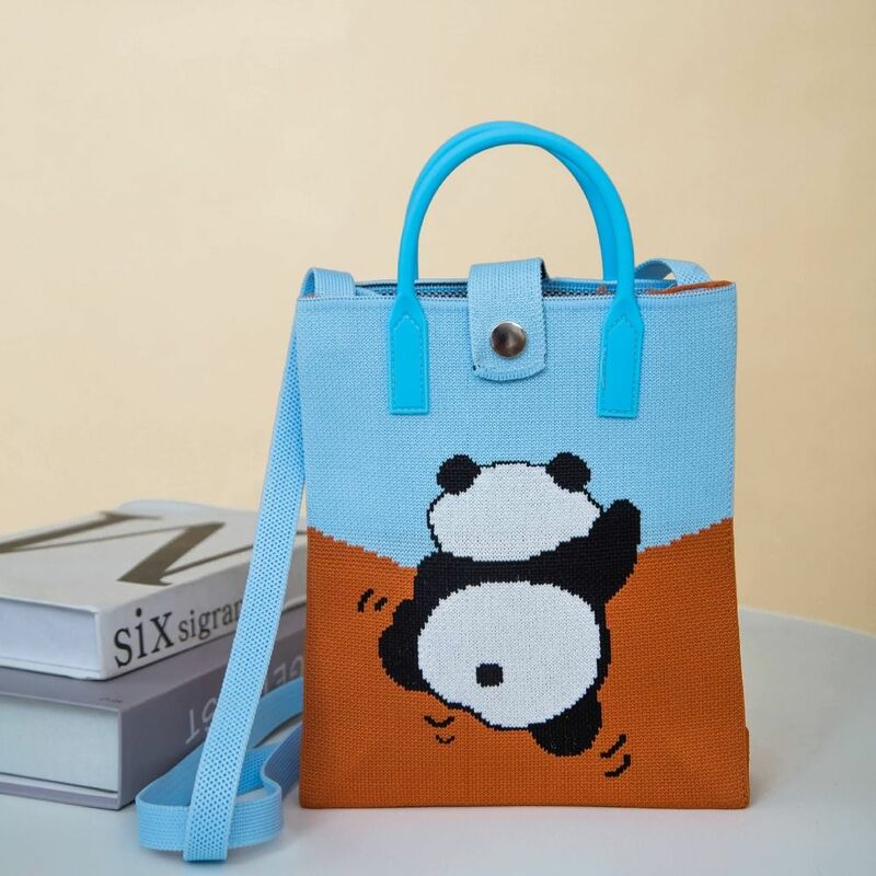 Bolsa de malha panda bonito para menina, Mini bolsa de ombro, Poliéster Cartoon Knot Wrist Bag, Moda
