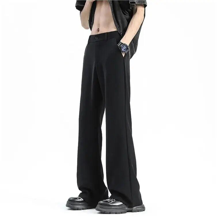 Summer Black Micro Flare Suit Trousers Men's Premium Feeling Ice Silk Loose Draped Casual Pants Button Comfortable