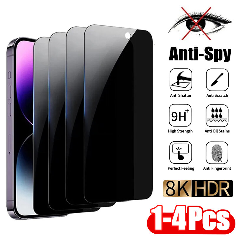 1-4 buah Anti-spy kaca Tempered untuk IPhone 15 14 13 12 11Pro Max perlindungan menyeluruh privasi pelindung layar untuk iPhone X XS Max XR kaca