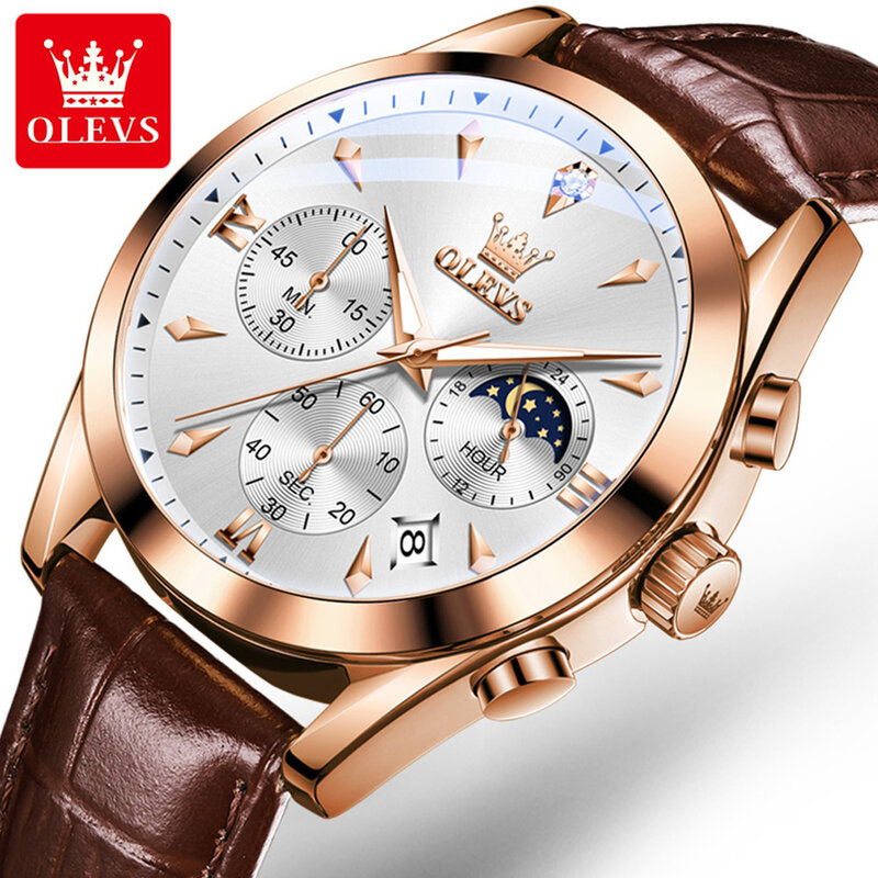 OLEVS Brand New Fashion Quartz Watch Men Leather Waterproof Luminous Calendar Luxury Chronograph Watches Mens Relogio Masculino
