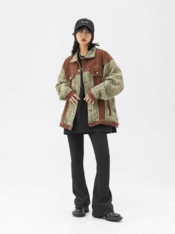 Contraste Cor Patchwork Jacket, Harajuku Streetwear, Estilo Japonês Baggy, Temperamento Elegante, Retro Estudante Diário Windproof