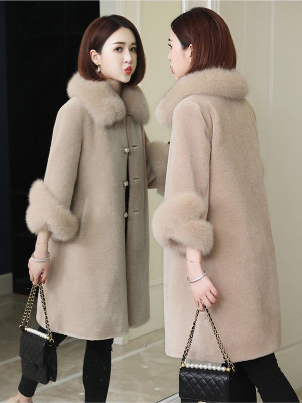 2024 Spring Faux Mink Fur Long Coat Women Elegant Artificial Fox Fur Collar Sheep Fleece Autumn Fur Jacket Ladies Overcoat