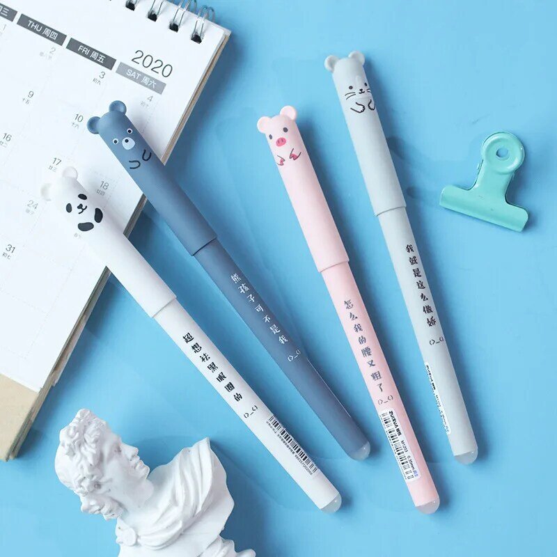 Kawaii-Ensemble de stylos gel effaçables, animaux de dessin animé, chat mignon, recharge de stylo effaçable, poignée lavable, papeterie scolaire, le plus récent
