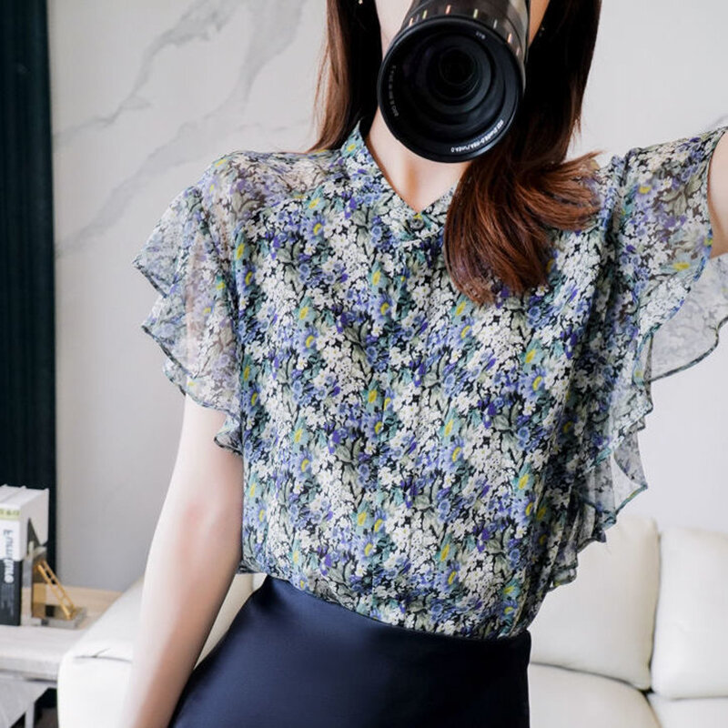 Camisa feminina de chiffon floral de manga borboleta estampada elegante, tops soltos que tudo combina, blusas senhora do escritório, roupas de verão, 2024