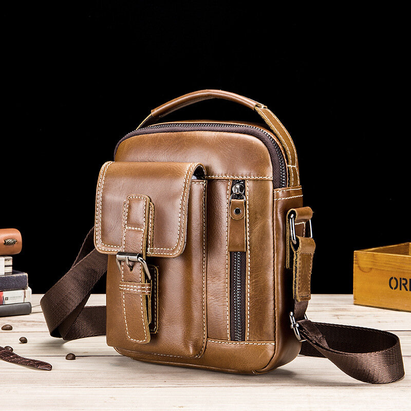 Cowhide Men's Small Bag Leather Single Shoulder Bag Men's Retro Casual Vertical Crossbody Bag MINI Handbag Solid Color Brown