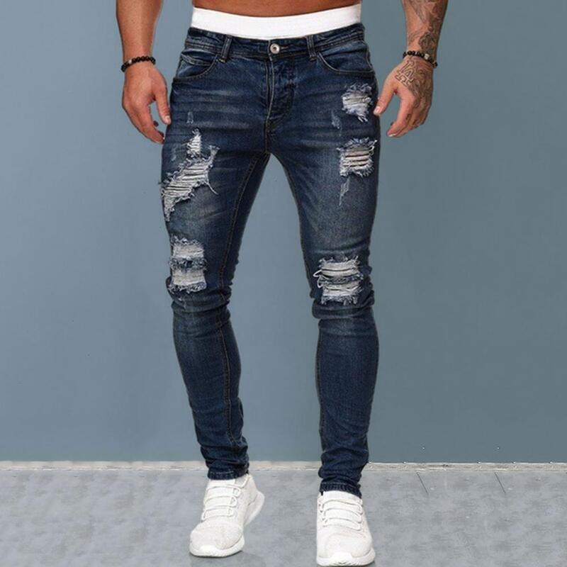 Jeans sobek lurus pria, jins pas badan lembut bernapas Streetwear dengan warna cocok pinggang sedang kancing ritsleting