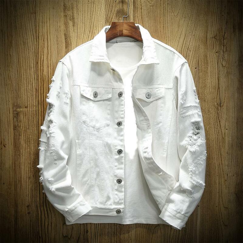 Chaqueta de Jean para hombre, chaqueta Popular con agujeros rasgados, uso diario, bolsillos de una sola botonadura