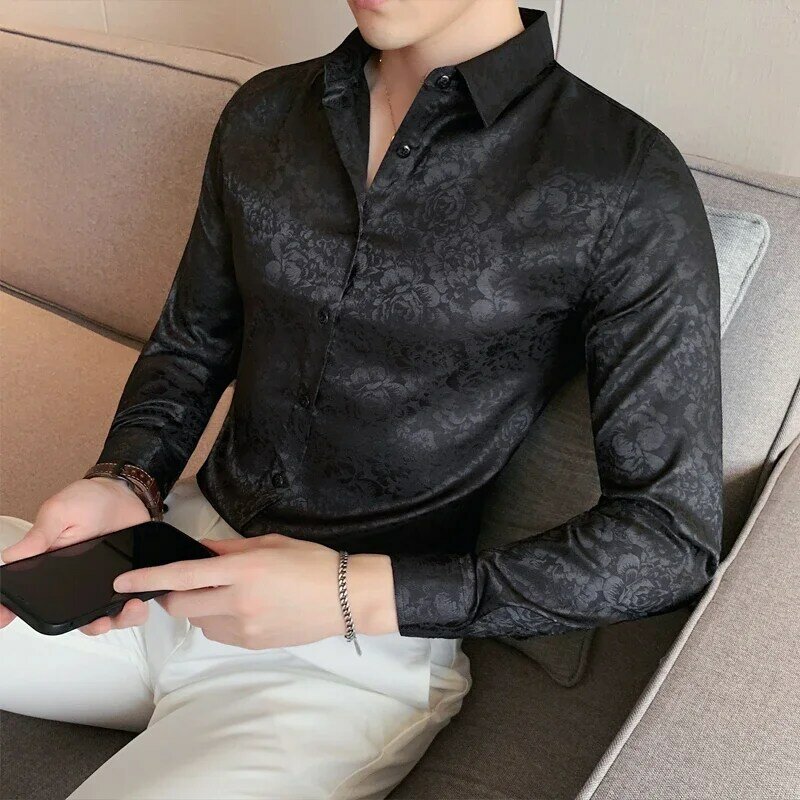 Summer New Korean Long Sleeve Personality Printed Casual Shirts Men Slim Business Social Dress Shirt Men Club Party Tuxedo Shirt