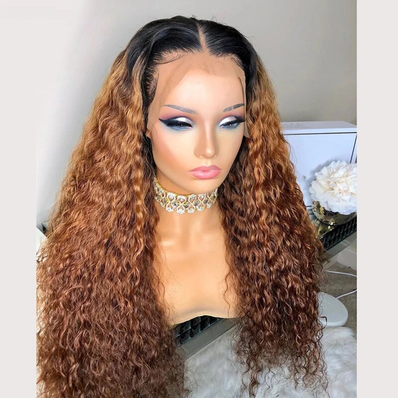 QW 1B/30 Ombre Brown Soft Preplucked Glueless 26inch Kinky Curly Lace Front Wig Synthetic Baby Hair Heat Resistant Daily