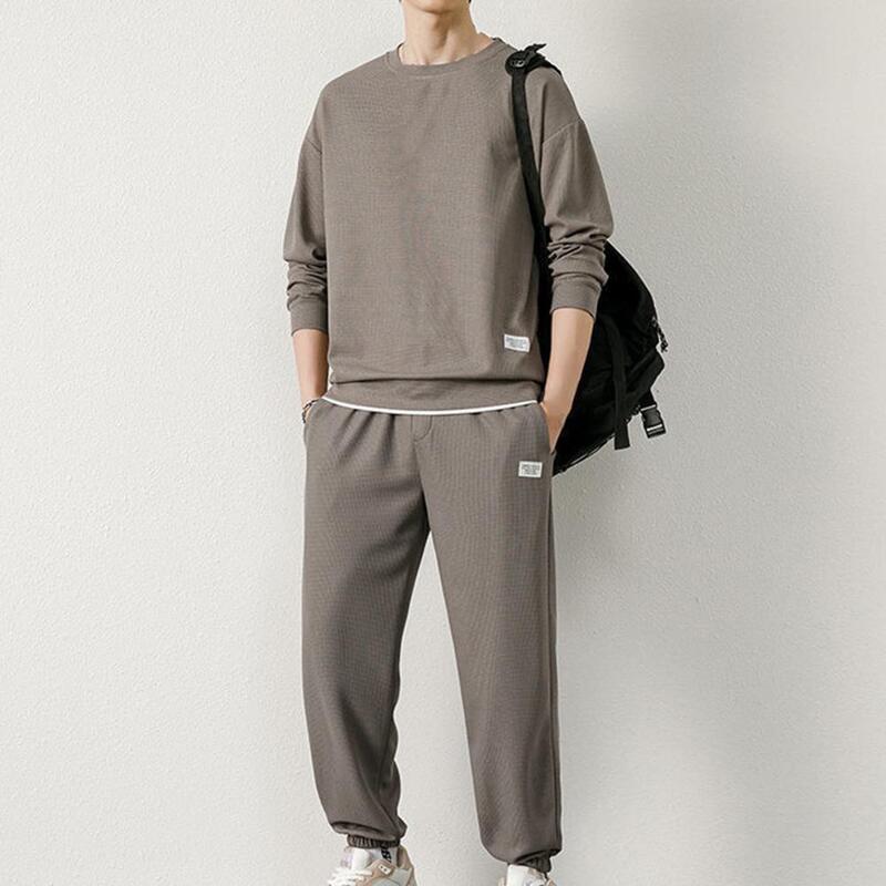 Loose Fit Sweatshirt Suit Men's Casual Sport Suit with Waffle Texture Sweatshirt Elastic Waist Jogger Pants Set for Autumn