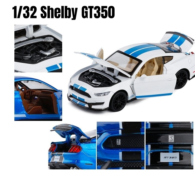 1/32 zabawka samochód Ford Shelby GT500 GT350 dla dzieci, odlewany Metal miniaturowy Model odciągnąć kolekcję dźwięku i światła dla chłopców