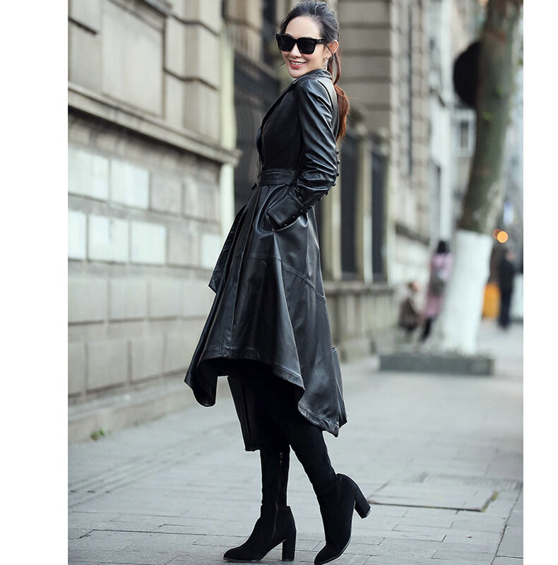 여성용 진짜 가죽 재킷, 하이 퀄리티 진짜 양가죽 롱 트렌치 코트, 여성 패션 코트, 가을 V, 2023 신상