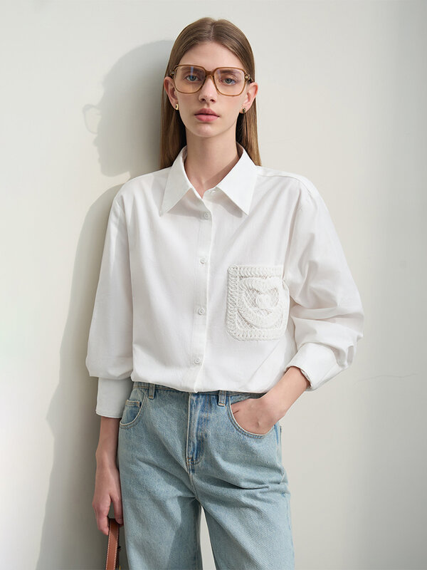AMII Minimalism 2024 Shirts For Women Spring New Solid Mid-length Straight Turn-down Collar Long-sleeved Cotton Shirt 12441042