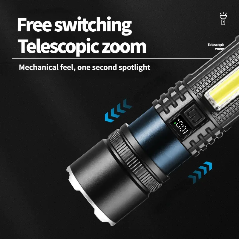 Starkes Licht Taschenlampe multifunktion ale Digital anzeige Laterne Outdoor Camping USB wiederauf ladbare Taschenlampe Teleskop Zoom Lampe