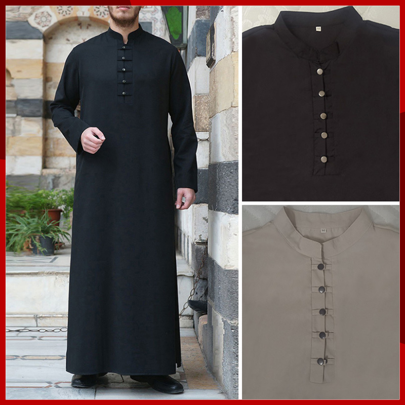 2024 nowa solidna, środkowo-wschodnia arabska suknia stojąca pod szyją w kształcie drzwi z długim rękawem, guzik, prosta duża męska suknia muzułmańska