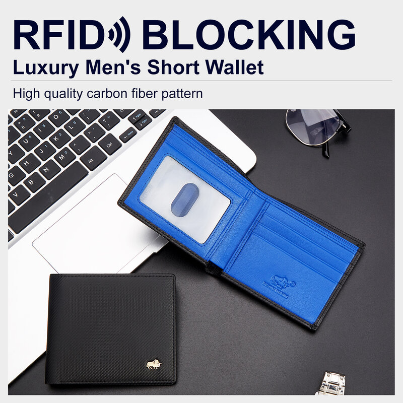 BISON DENIM Carbon Fiber Business Men Wallet RFID Blocking Card Holder Short Wallet Best Gift Boyfriend Husband Father Purse